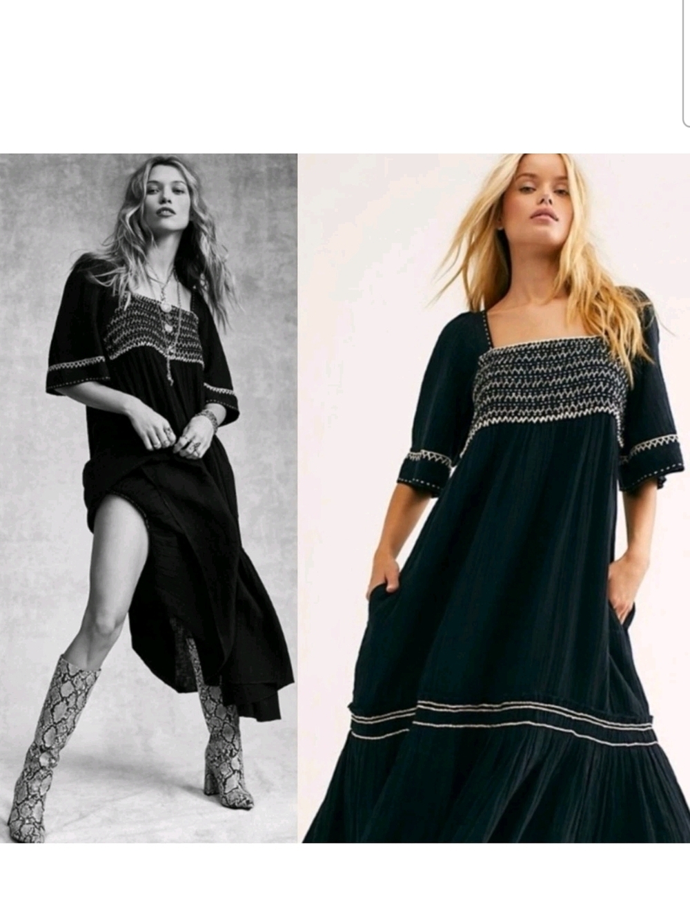 Free People I'm The One Black Smocked Square-Neck Maxi Dress Size L